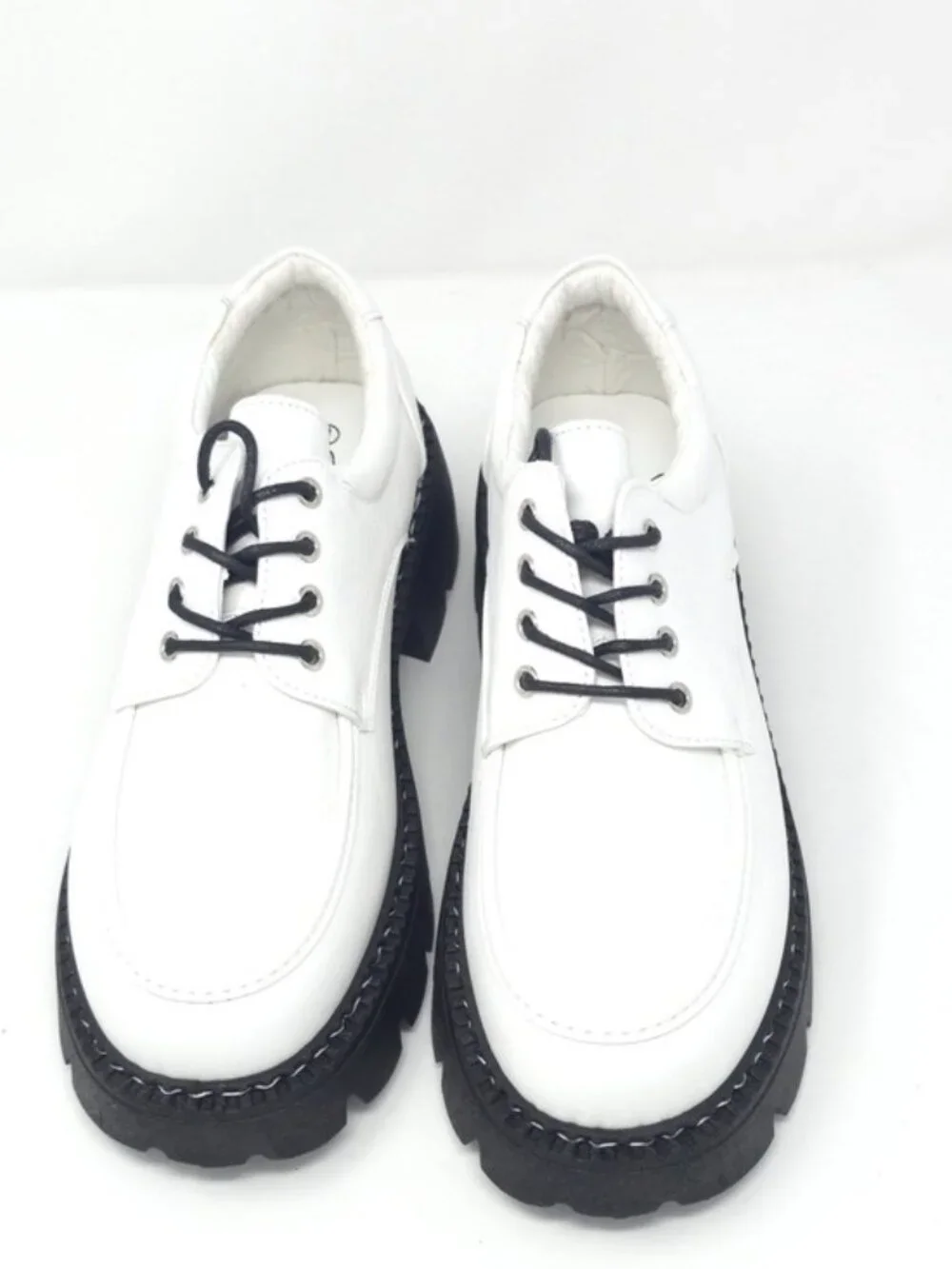 White Patent Brogue Lace up Faux Leather Loafers Chunky Black Lug Sole Oxfords